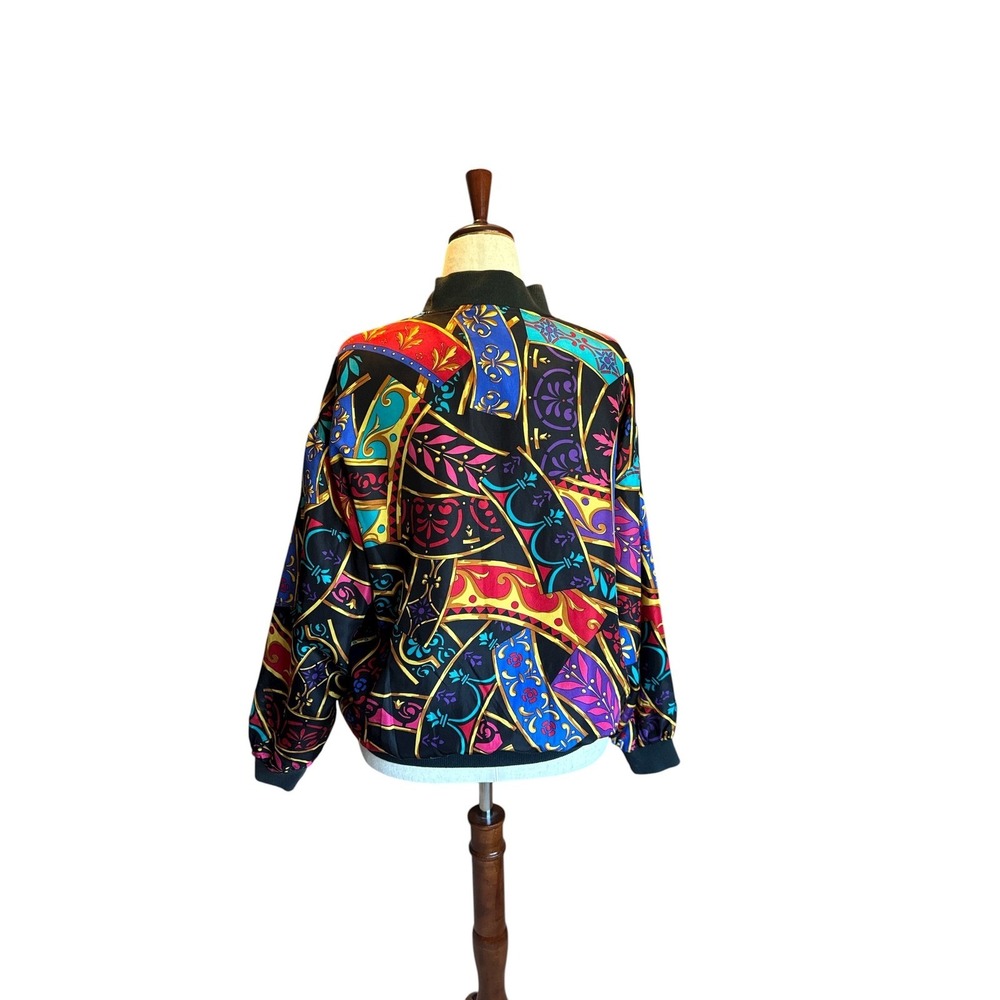 Vintage 80s Silk Satin Bomber Jacket | Abstract Baroque Print | OSFM - Picture 4 of 12